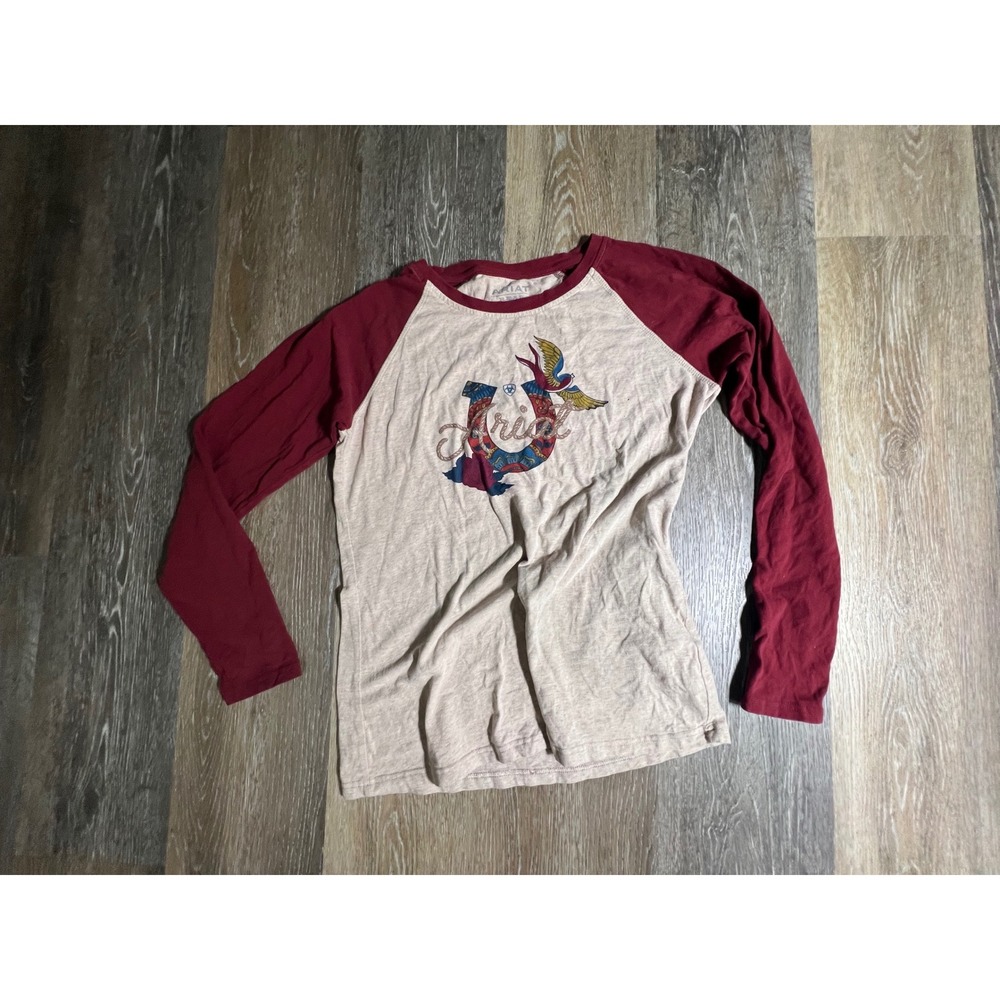 Ariat REAL Graphic Raglan Tee Womens Small Burgundy‎ Tan Excellent Western Top